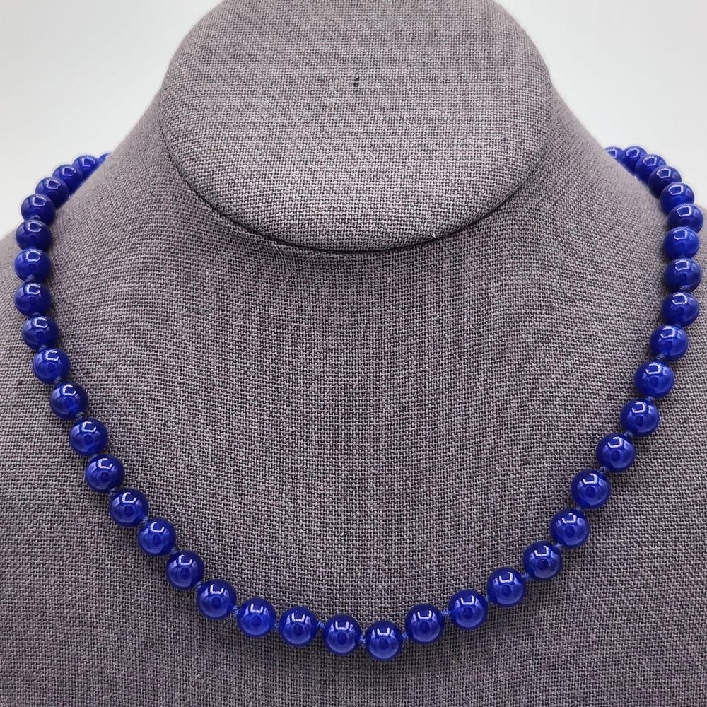 8mm Blue Agate Beaded 925 Sterling Silver Necklace With Lobster Claw Clasp